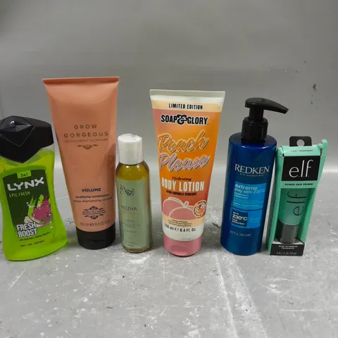 APPROXIMATELY 20 ASSORTED COSMETICS PRODUCTS TO INCLUDE - LYNX BODY WASH - ELF POWER GRIP PRIMER - SOAP & GLORY BODY LOTION