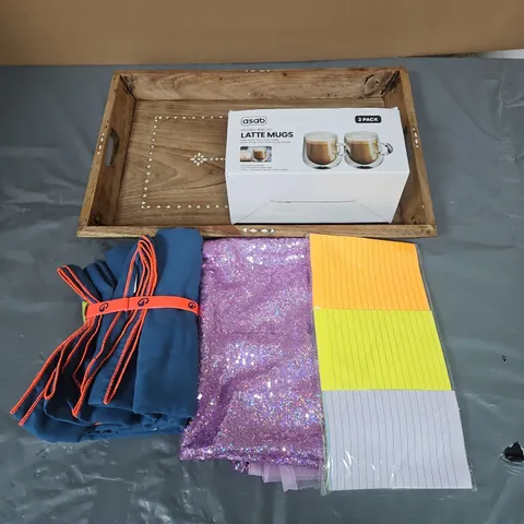BOX OF APPROXIMATELY 12 ASSORTED HOUSEHOLD ITEMS TO INCLUDE - ASAB LATTE MUGS - SEQUIN FABRIC - LINED STICKY NOTES - ETC