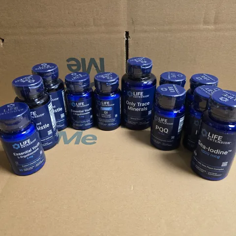 APPROXIMATELY 11 ASSORTED LIFE EXTENSION PRODUCTS TO INCLUDE ADVANCED MILK THISTLE, PQQ, ONLY TRACE MINERALS, ETC