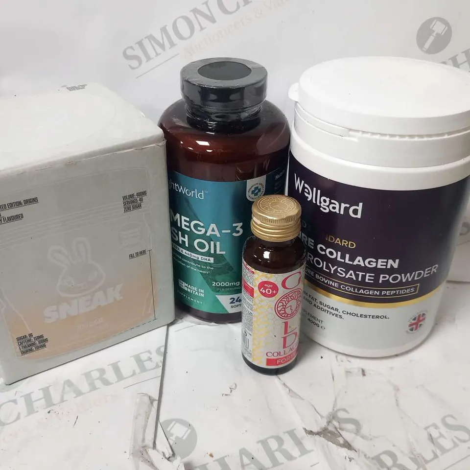 FOUR ASSORTED PRODUCTS TO INCLUDE; WELLGARD GOLD STANDARD PURE COLLAGEN HYDROLYSATE POWDER 400G, SNEAK ZERO SUGAR, WEIGHT WORLD OMEGA 3 FISH OIL CAPSULES AND GOLD COLLAGEN FORTE 50ML