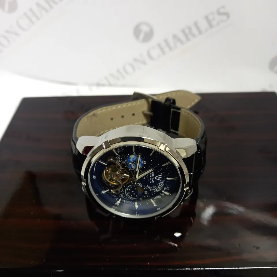 MENS WILLIAM JOURDAIN AUTOMATIC 2580 WATCH – OPEN HEART MOVEMENT WITH SUB DIALS – GLASS EXHIBITION BACK CASE – BLACK GENUINE LEATHER STRAP