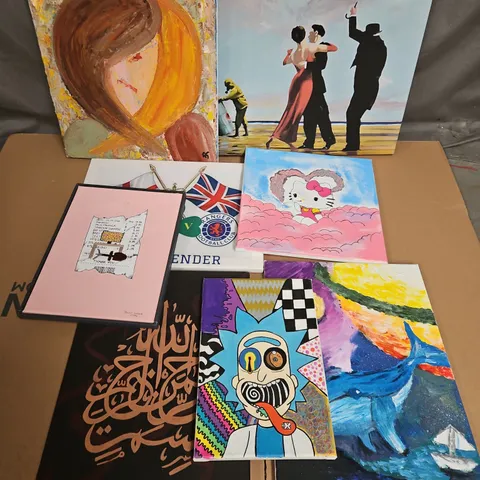 BOX OF APPROX 12 ASSORTED CANVAS PAINTINGS/PRINTS