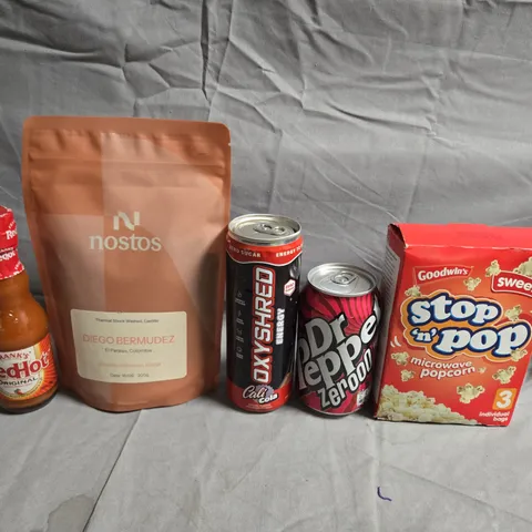 APPROXIMATELY 5 ASSORTED FOOD &DRINK ITEMS TO INCLUDE - HOT SAUCE, POPCORN AND DR PEPPER  - COLLECTION ONLY