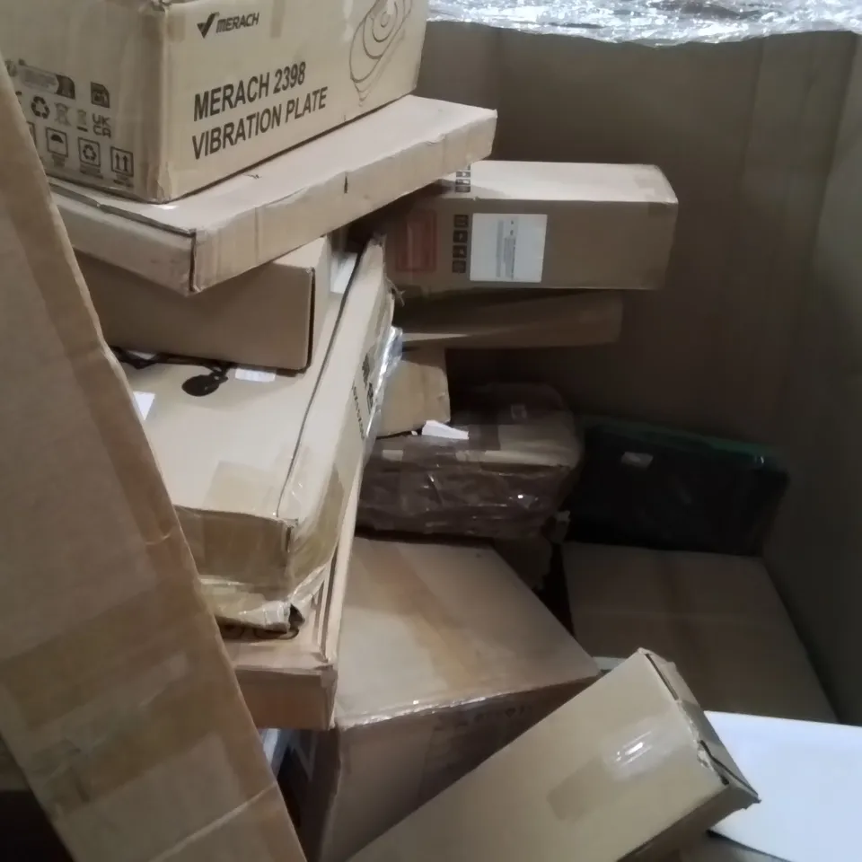 PALLET OF ASSORTED HOUSEHOLD GOODS AND PRODUCTS TO INCLUDE; TROLLEY,UNDER DESK ELECTRICAL ELLIPTICAL TRAINER