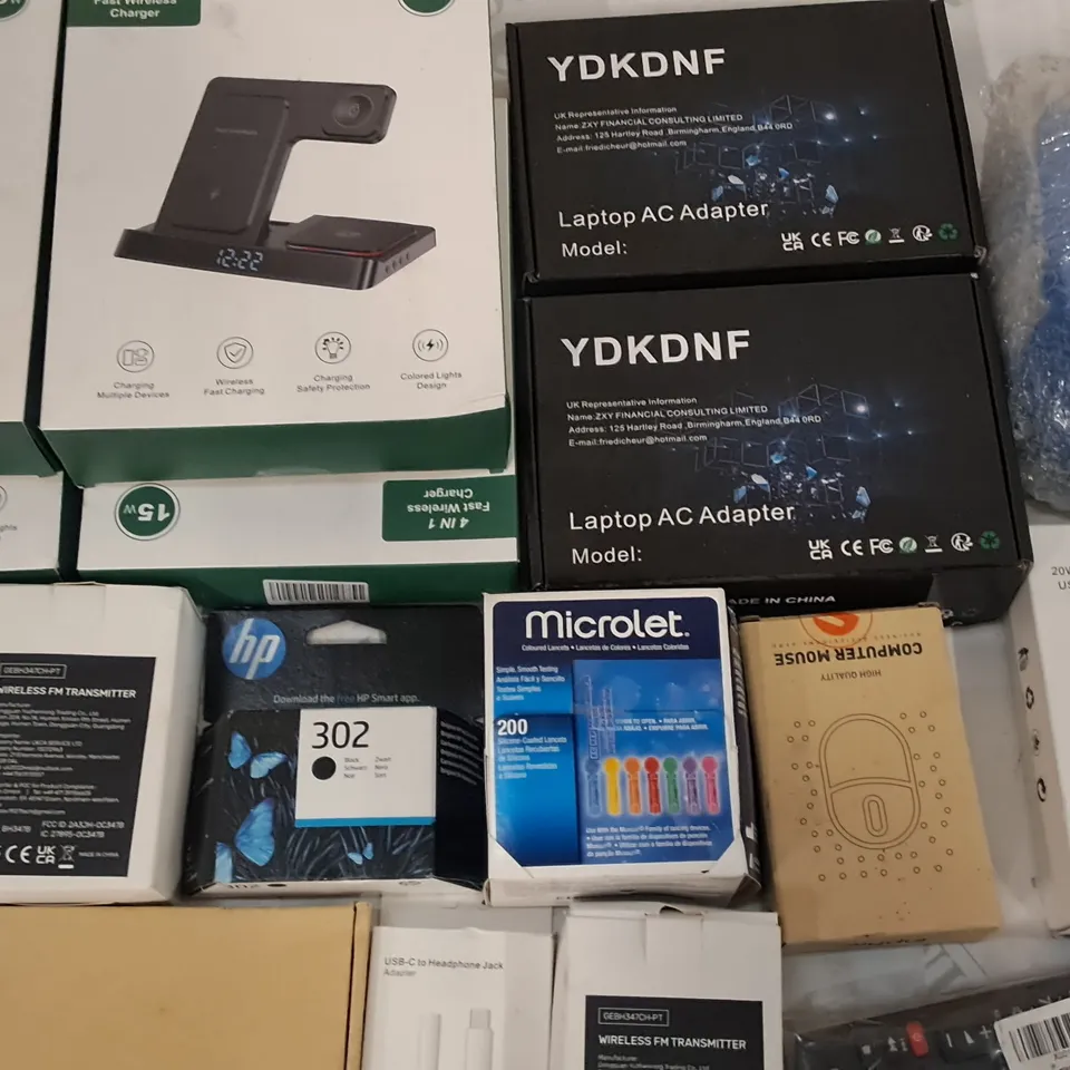 LARGE QUANTITY OF ASSORTED ITEMS TO INCLUDE FAST WIRELESS CHARGERS, NETWORK ADAPTERS, COMPUTER MOUSE AND LAPTOP AC ADAPTERS