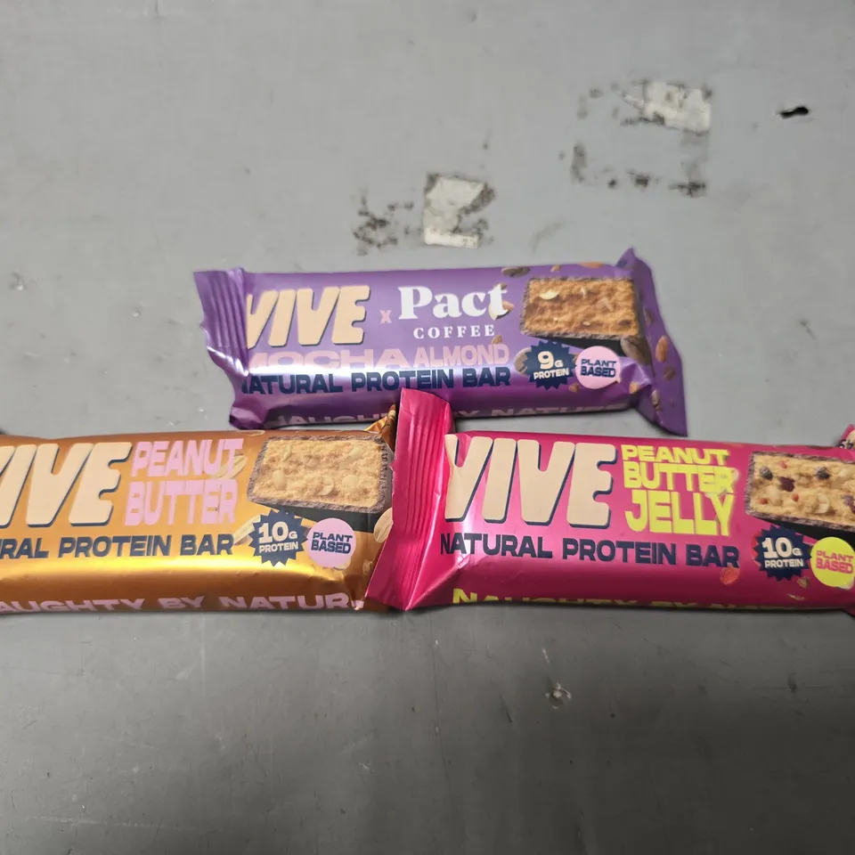 APPROXIMATELY 15 ASSORTED VIVE BARS TO INCLUDE - PEANUT BUTTER JELLY , PEANUT BUTTER , PACK COFFEE MOCHA ALMOND 