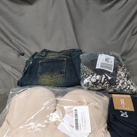 BOX OF APPROXIMATELY 20 ASSORTED CLOTHING ITEMS TO INCLUDE JEANS, GREEN/GOLD DRESS, BRAS, SOCKS ETC