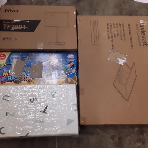 PALLET OF ASSORTED PRODUCTS INCLUDING TV STAND, PUZZLE BOARD, MYWORLD KIDS MAP, PLAY MAT, PHOTOGRAPHY LIGHTING KIT