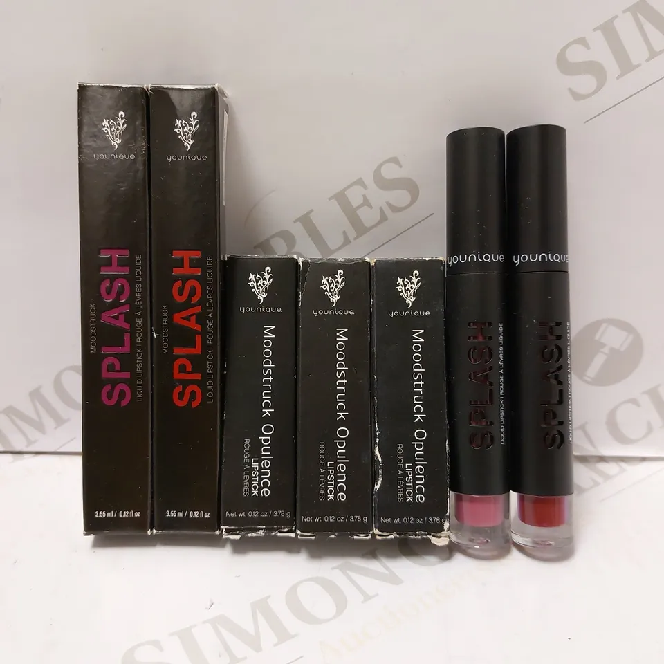 LOT OF APPROX 7 ASSORTED YOUNIQUE PRODUCTS TO INCLUDE SPLASH LIQUID LIPSTICK -SIZZLING, MOODSTRUCK OPULENCE LIPSTICK - STINKIN RICH, MOODSTRUCK OPULENCE LIPSTICK - FORTUNATE, ETC 