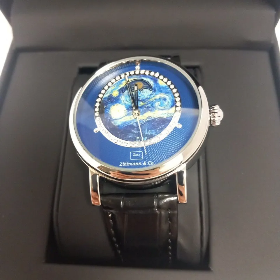 MENS ZIHLMANN & CO AUTOMATIC WATCH – Z150 – MOONPHASE DIAL – GLASS EXHIBITION BACKCASE - SILVER COLOUR CASE – BLACK LEATHER STRAP