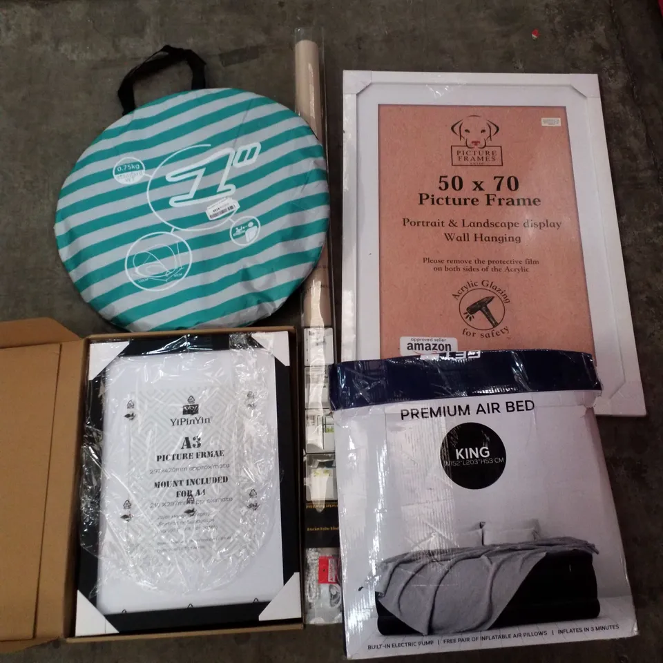 PALLET OF ASSORTED PRODUCTS INCLUDING POP UP TENT, PICTURE FRAMES, PREMIUM AIR BED, BRACKET ROLLER BLIND
