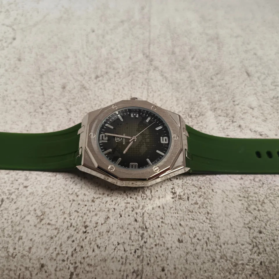 RUCKSTUHL STAINLESS STEEL WRISTWATCH WITH GREEN RUBBER STRAP – BOXED
