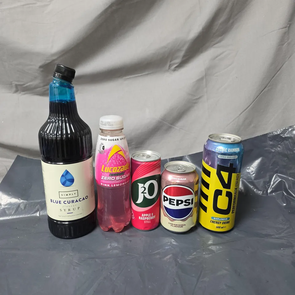 TOTE OF APPROXIMATELY 15 DRINKS ITEMS TO INCLUDE PEPSI CREAM SODA, C4 ENERGY DRINK AND BLUE CURACAO SYRUP