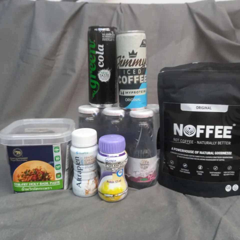 APPROXIMATELY 20 ASSORTED FOOD AND BEVERAGE PRODUCTS TO INCLUDE NOFFEE ORIGINAL, BLUE ELEPHANT RED CURRY PASTE NAD BASIL PASTE, GREEN COLA, BIONO CHERRY JUICE
