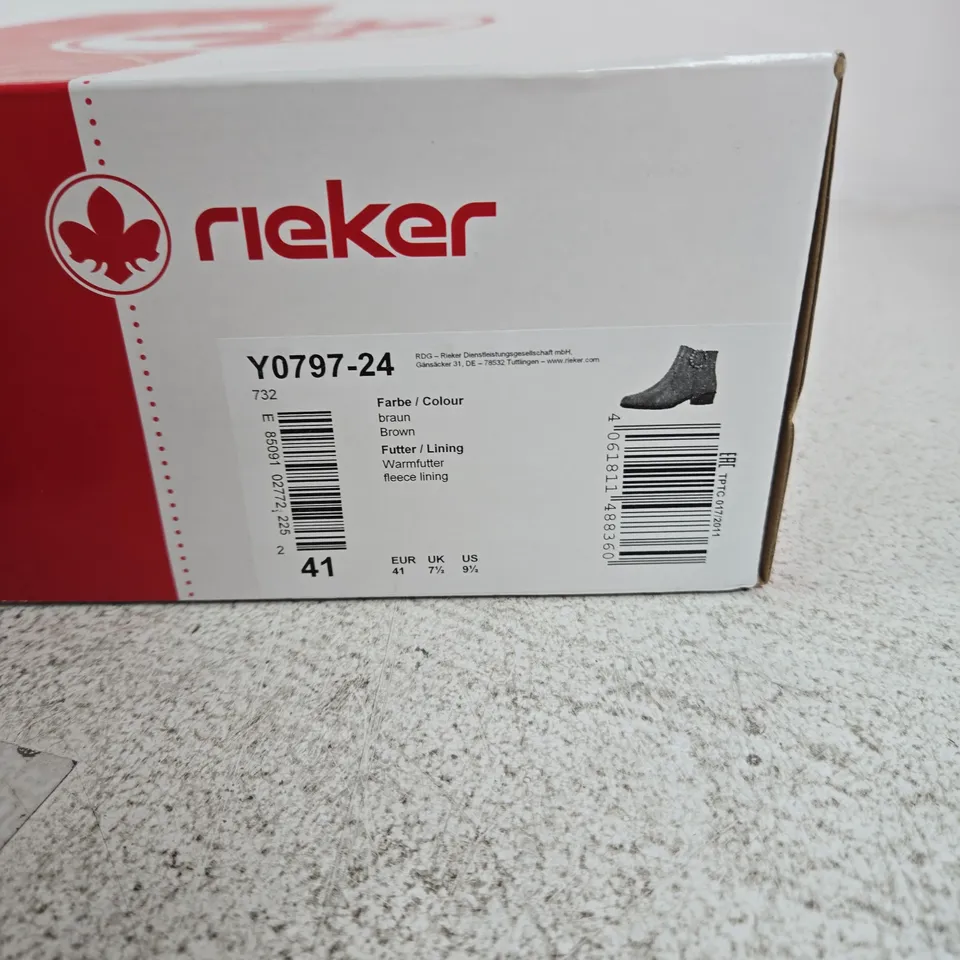 RIEKER BROWN LEATHER ANKLE BOOTS – UK 7½ (EU 41), MODEL Y0797-24, BOXED