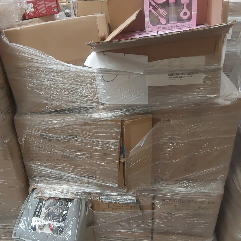 PALLET CONTAINING A VERY LARGE QUANTITY OF ASSORTED ITEMS INCLUDING: WEIGHTED BLANKETS, RIGID WALL PADDLING POOLS, BABY DOLL FEEDING SETS ECT