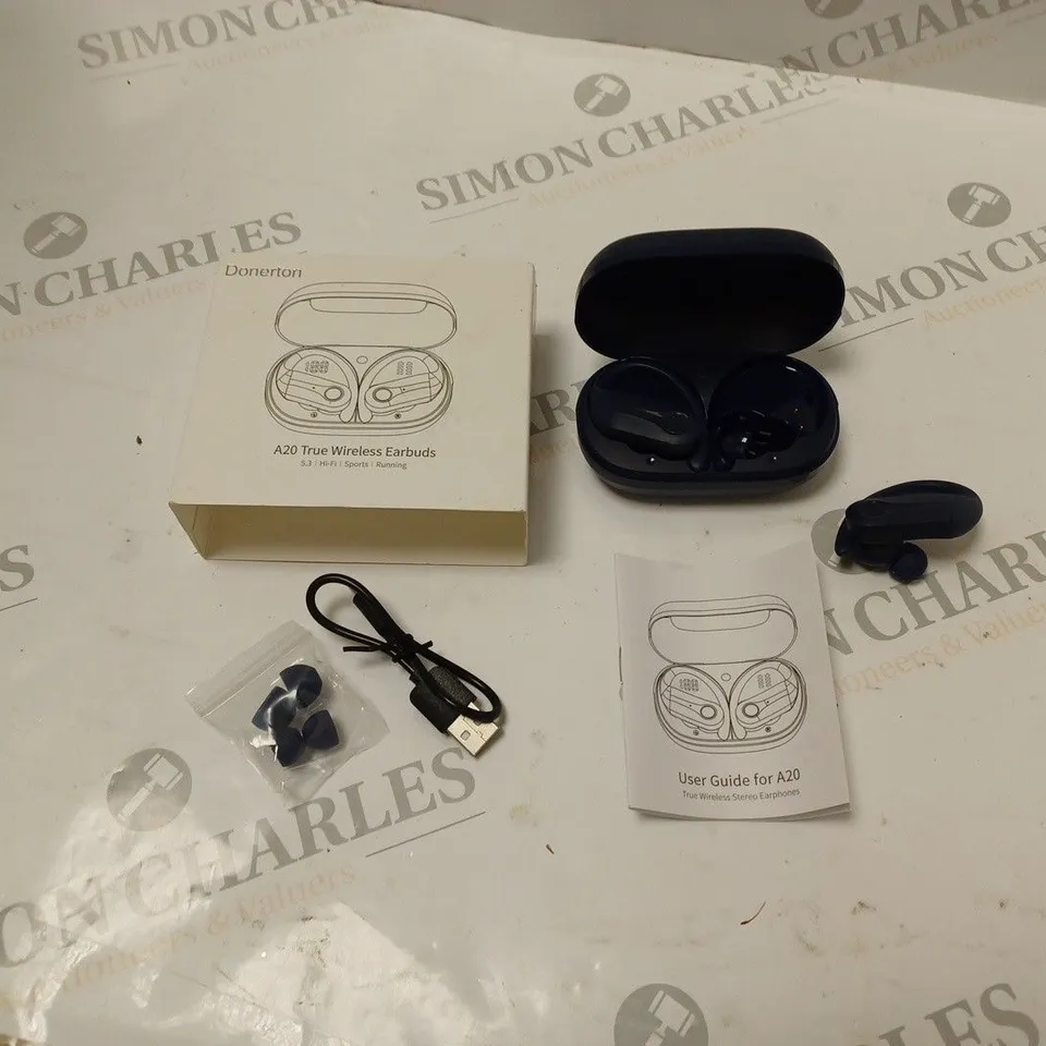 BOXED DONERTON A20 TRUE WIRELESS EARBUDS WITH USB CABLE, ACCESSORIES AND INSTRUCTIONS