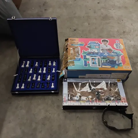 PALLET TO CONTAIN ASSORTED HOUSEHOLD ITEMS AND CONSUMER PRODUCTS. INCLUDING CHESS SET WITH CARRY CASE, TOYS, BOXED FURNITURE ETC
