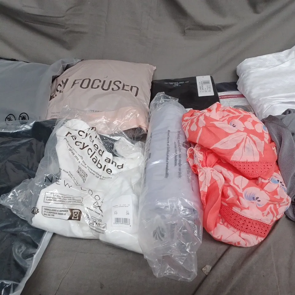 BOX OF ASSORTED CLOTHING ITEMS IN VARIOUS COLOURS, SIZES AND STYLES