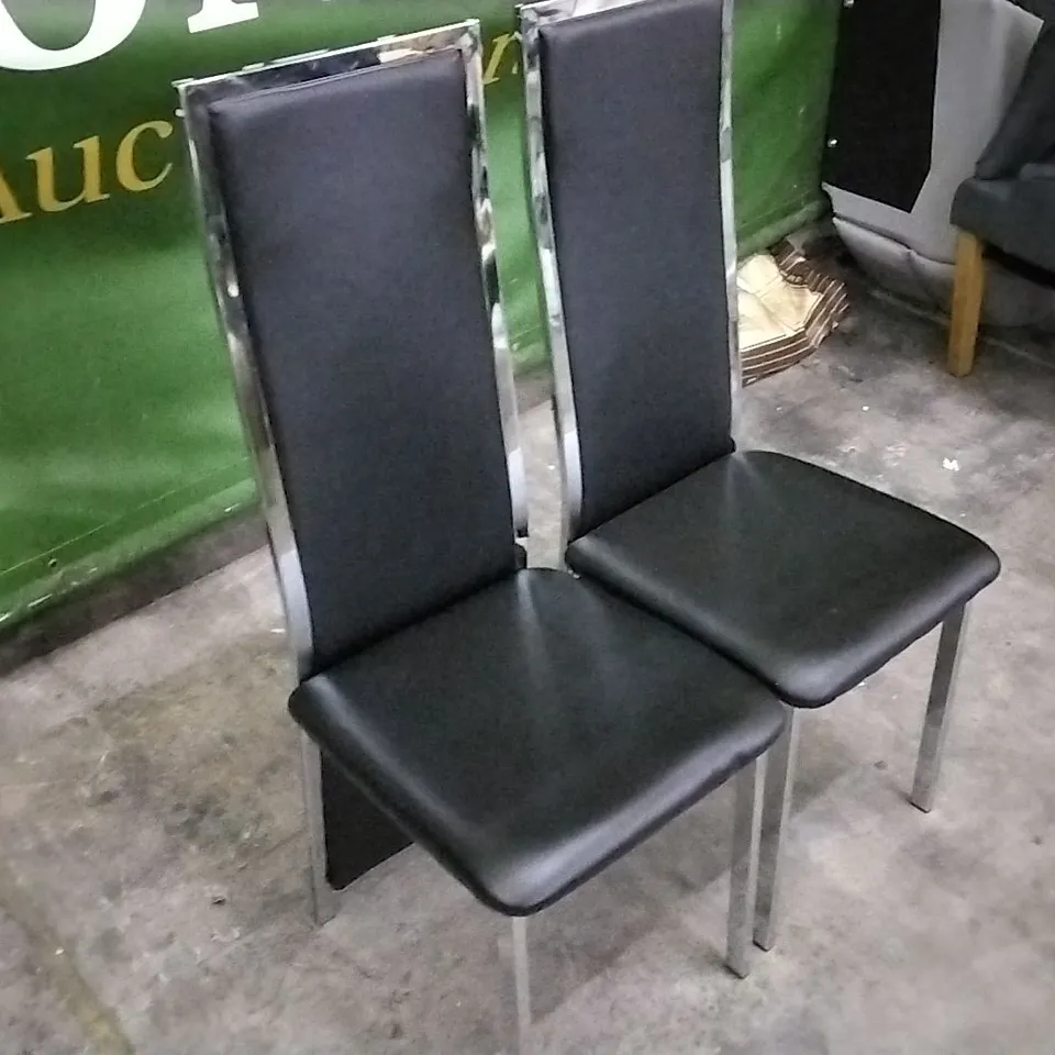 SET OF 2 BLACK LEATHER DINING CHAIRS WITH CHROME LEGS 