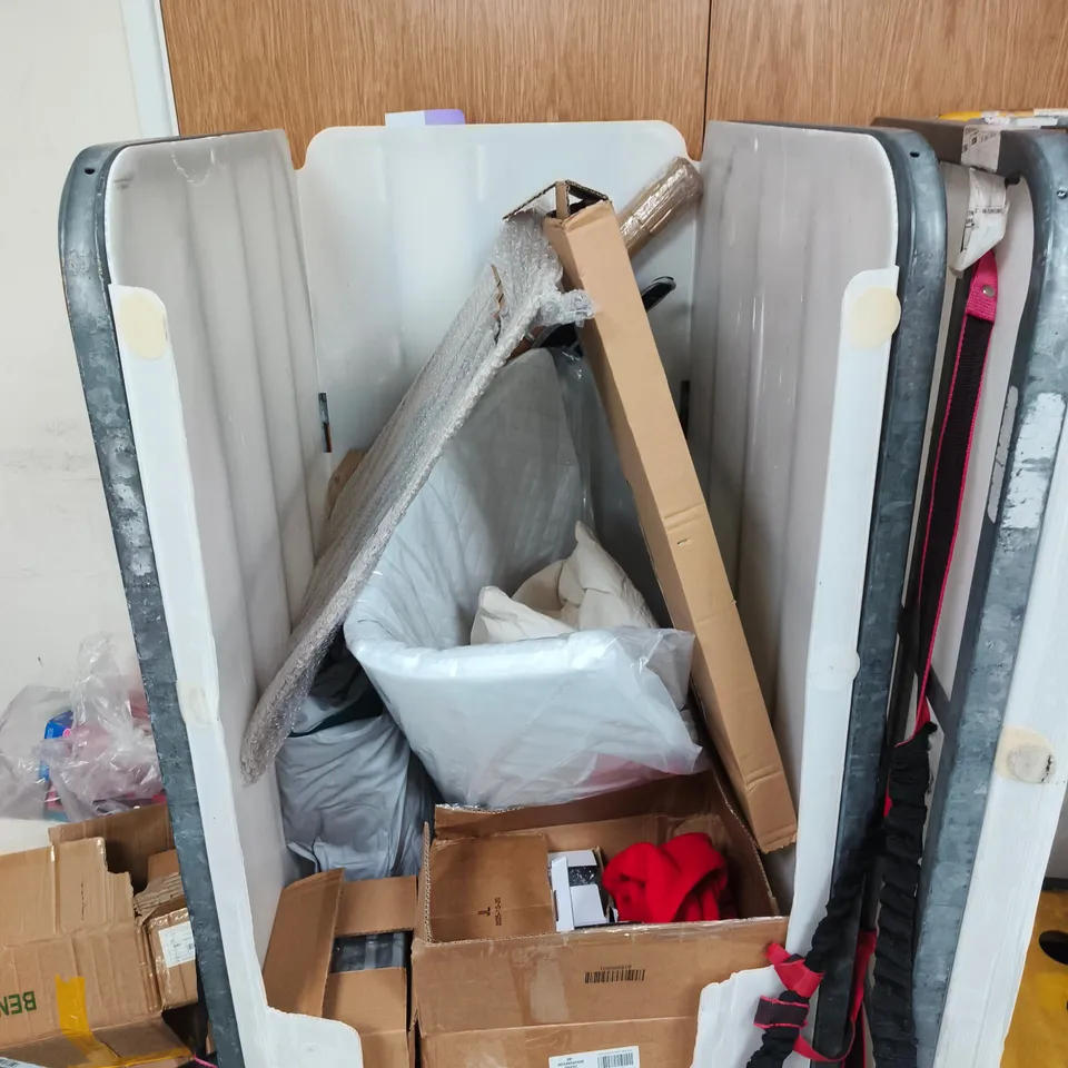 CAGE OF APPROXIMATELY 15 ASSORTED ITEMS TO INCLUDING CLOTHES MAIDEN, PINK SPARKLY FLASK, CAT TOILET ETC