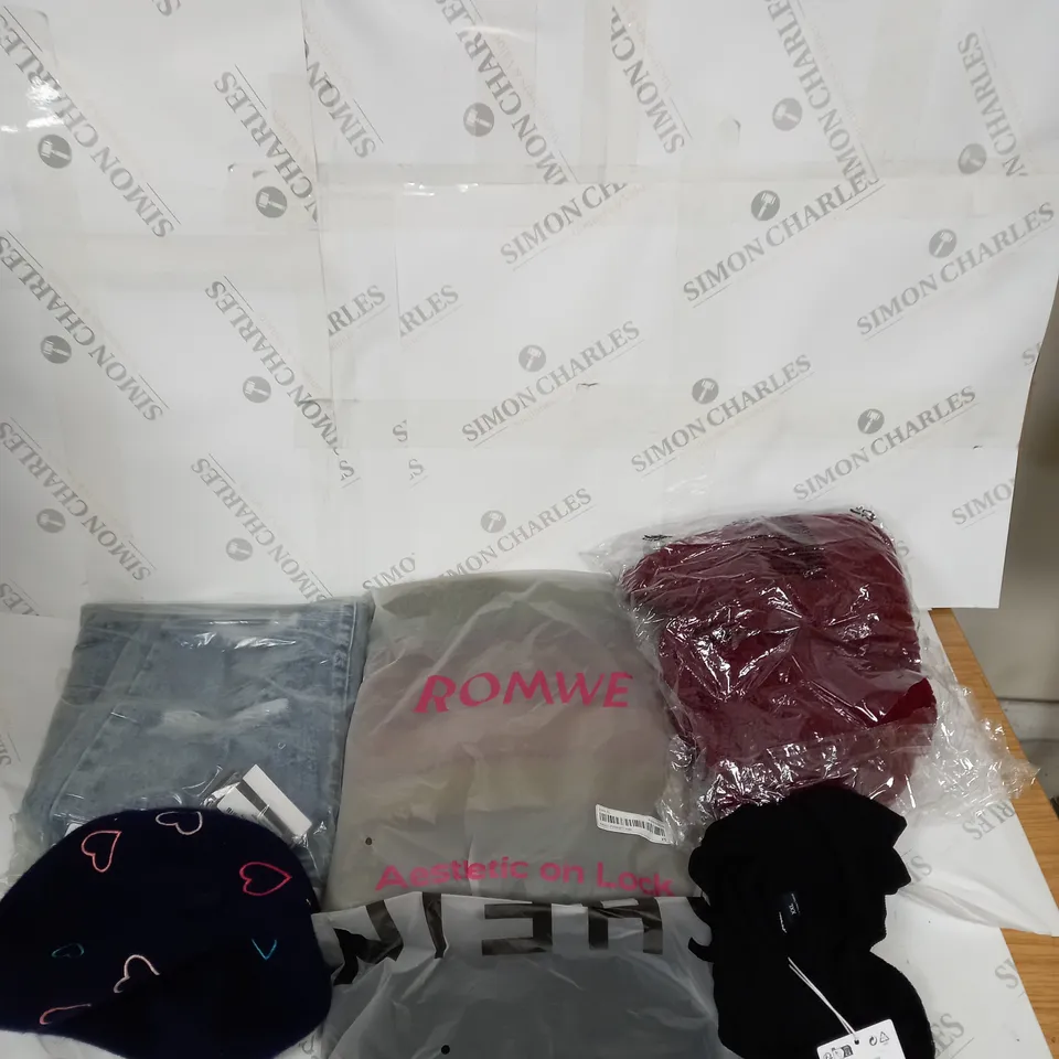 LARGE BOX OF ASSORTED CLOTHING ITEMS IN VARIOUS COLOURS AND SIZES INCLUDING TROUSERS , TOPS AND JUMPERS 