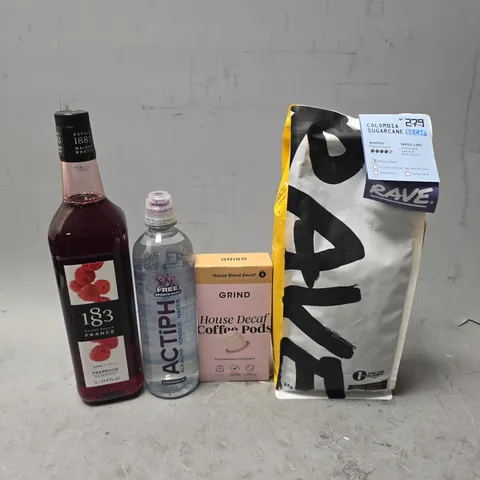 APPROXIMATELY 7 ASSORTED FOOD & DRINK ITEMS TO INCLUDE - GRIND HOUSE DECAFE COFFEE PODS , ACTIPH WATER , RAVE COLOMBIA SUGARCANE DECAF ETC