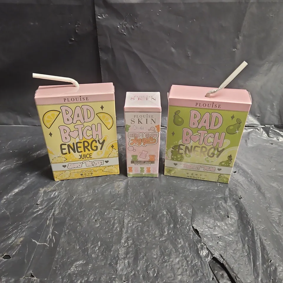 PLOUISE LOT OF 3 ASSORTED SEALED COSMETIC PRODUCTS TO INCLUDE - PERFECT PEAR LIP DUO - GUMMY BEAR RECOVERY MASK - LUCIOUS LEMON LIP DUO - ETC