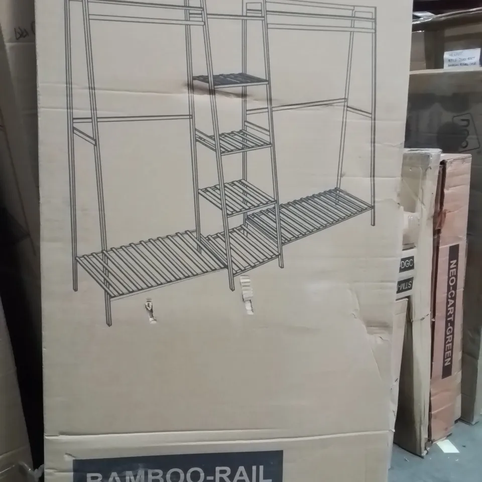 BOXED NEO BAMBOO RACK CLOTHES WITH STORAGE SHELF HANGING RAIL AND SIDE HOOKS