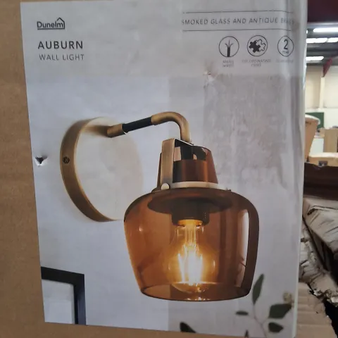 BOXED DUNELM AUBURN WALL LIGHT SMOKED GLASS AND ANTIQUE BRASS