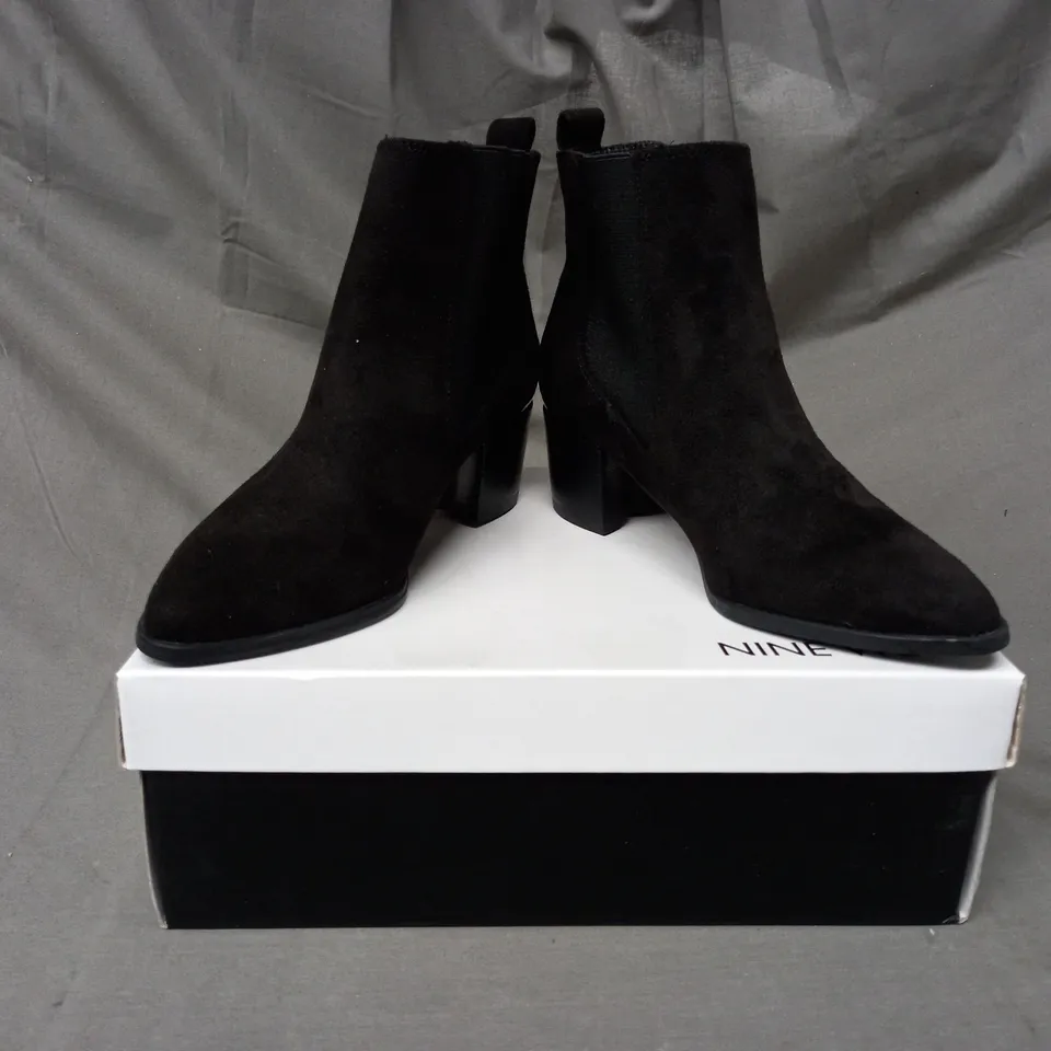 BOXED PAIR OF NINE WEST TAYE SUEDETTE ANKLE BOOTS IN BLACK EU SIZE 35