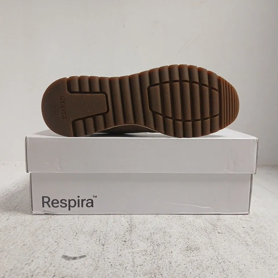 BOXED PAIR OF GEOX TRAINERS IN SAND/GOLD SIZE UK 6
