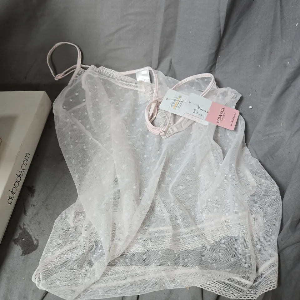 BOX OF APPROXIMATELY 25 ASSORTED ITEMS INCLUDING AUBADE PARIS TOP , ROSA FAIA POWDER ROSE SHIRT , GOSSARD BRA AND BOITE A DESIR AUBABE BRA