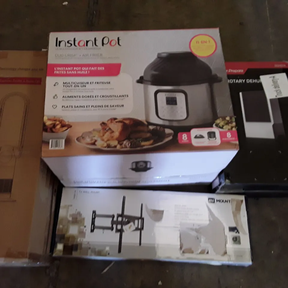 PALLET OF ASSORTED PRODUCTS INCLUDING BLADELESS PURIFIER & HEATER FAN, AIR FRYER, TV WALL MOUNT, ROTARY DEHUMIDIFIER 