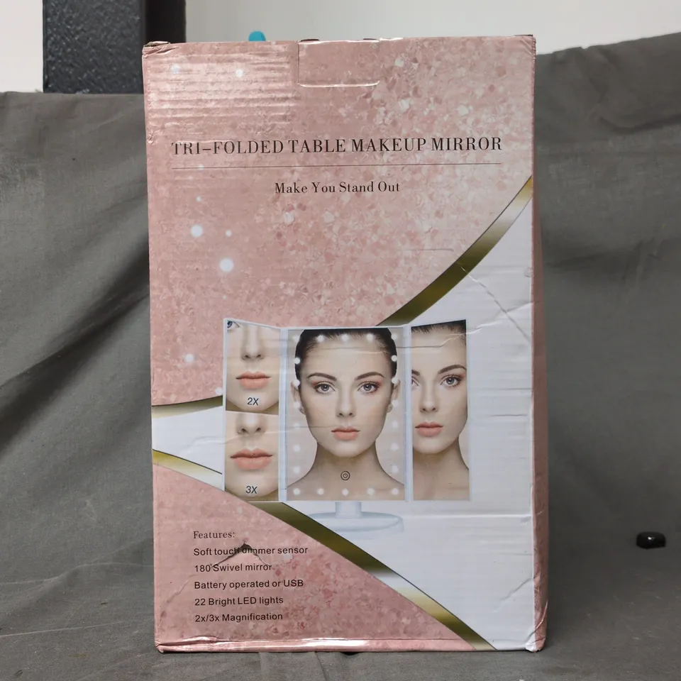 BOXED UNBRANDED TRI-FOLDED TABLE MAKEUP MIRROR