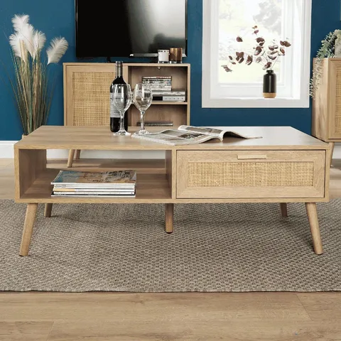 BOXED ANNALISE FOUR LEG 1 RATTAN FRONT DRAWER COFFEE TABLE WITH OPEN STORAGE