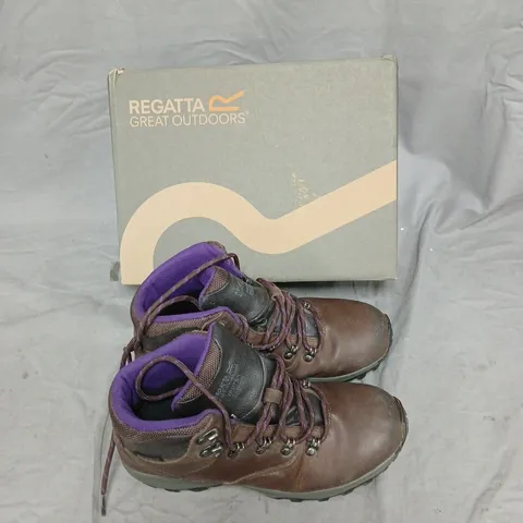 REGATTA GREAT OUTDOORS HIKING BOOTS - BROWN LEATHER, PURPLE LINING, UK SIZE 5