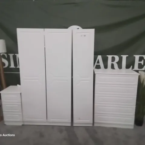 WHITE BEDROOM FURNITURE COMPRISING WARDROBE, CHEST DRAWERS & BEDSIDE CHEST