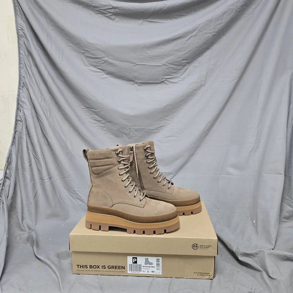 CLARKS TAN SUEDE ANKLE BOOTS – HIKING STYLE, PAIR, UK 7 (EU 40) – BOX INCLUDED