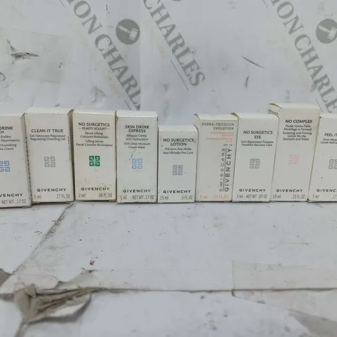 APPROXIMATELY 12 BOXED ASSORTED GIVENCHY PRODUCTS TO INCLUDE CLEAN IT TRUE CLEANSING GEL (5Ml), SKIN DRINK EXPRESS CREAM MASK (5ml), PEEL IT SOFTLY MASSAGE (5ml), ETC