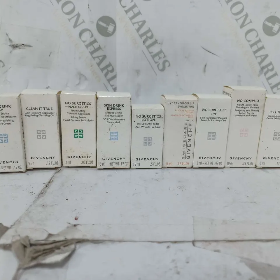 APPROXIMATELY 12 BOXED ASSORTED GIVENCHY PRODUCTS TO INCLUDE CLEAN IT TRUE CLEANSING GEL (5Ml), SKIN DRINK EXPRESS CREAM MASK (5ml), PEEL IT SOFTLY MASSAGE (5ml), ETC
