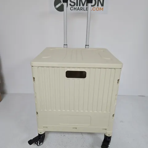 BEIGE PLASTIC WHEELED STORAGE CRATE ON CASTORS
