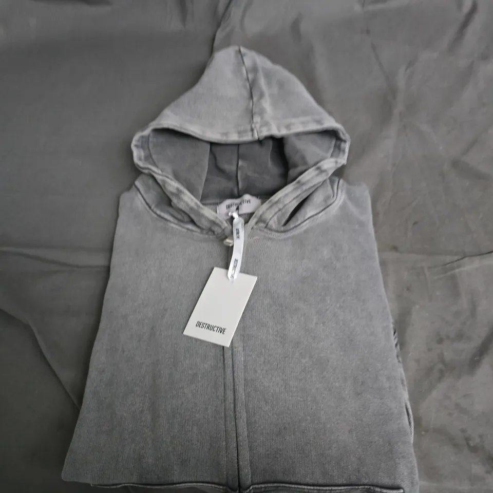 DESTRUCTIVE CROPPED ZIP HOODIE - VINTAGE GREY, SIZE M