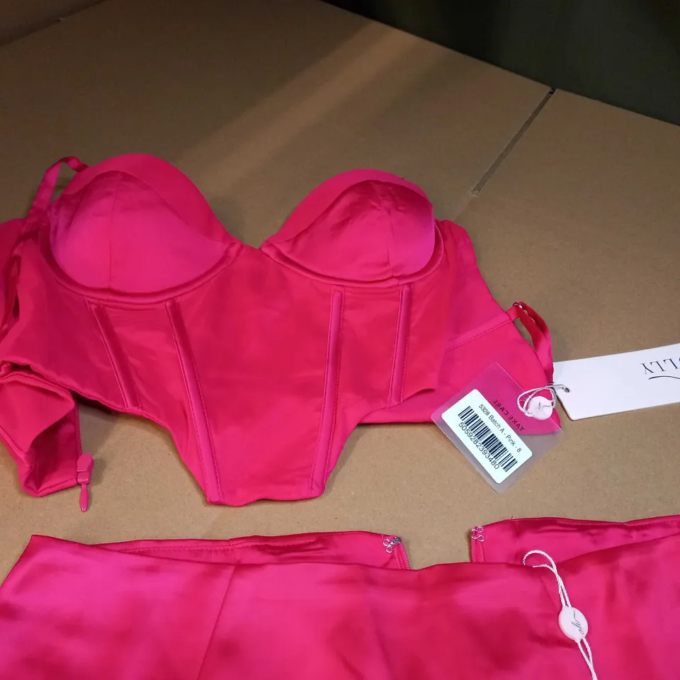 OH POLLY HOT PINK SATIN CORSET TOP/SPLIT MINI SKIRT - SIZE 8