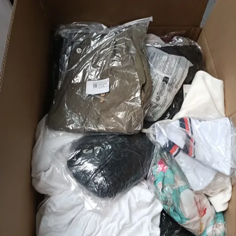 BOX OF APPROXIMATELY 25 ASSORTED CLOTHING ITEMS IN VARIOUS STYLES , COLOURS AND SIZES 