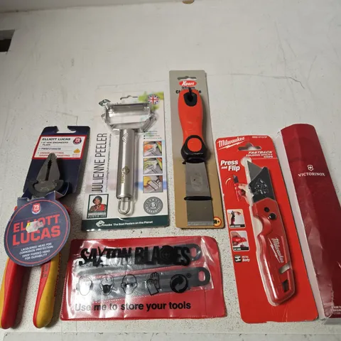 TOTE OF APPROXIMATELY 1 ASSORTED ITEMS INCLUDING ELLIOTT LUCAS 8' VDE ENGINEERS PLIER, SAXTON BLADES AND PIRANHA JULIENNE PEELER
