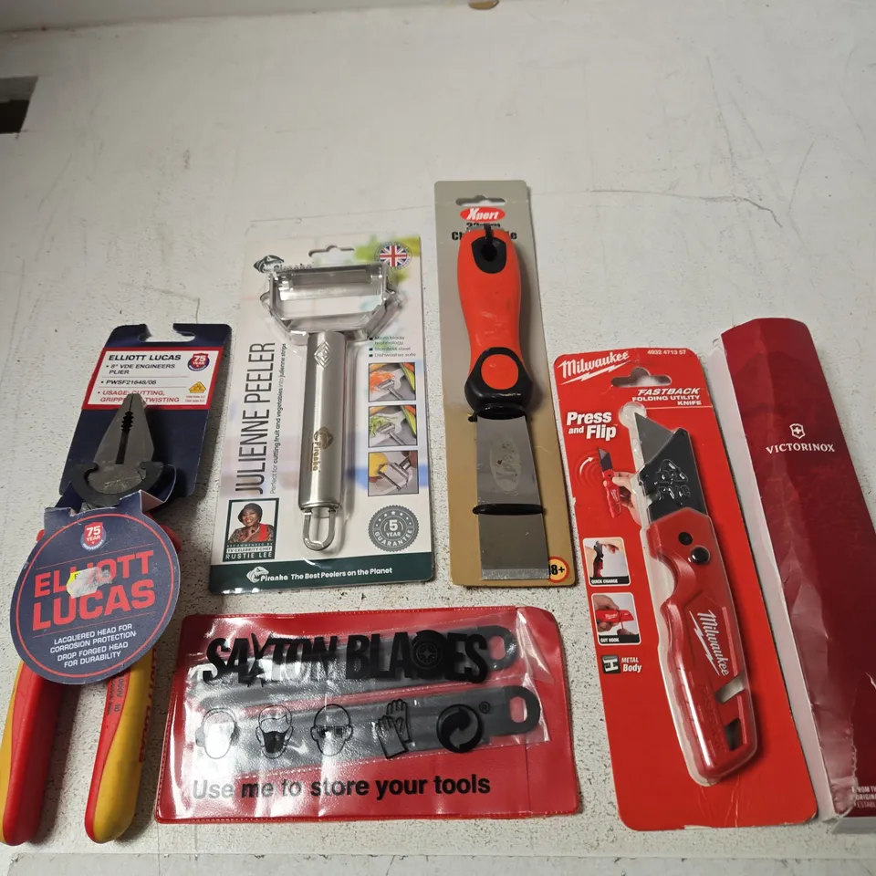 TOTE OF APPROXIMATELY 1 ASSORTED ITEMS INCLUDING ELLIOTT LUCAS 8' VDE ENGINEERS PLIER, SAXTON BLADES AND PIRANHA JULIENNE PEELER
