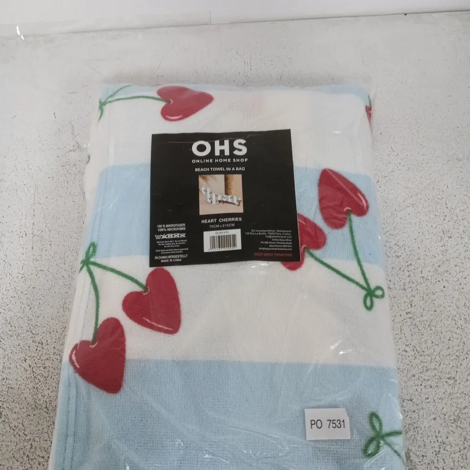 OHS BEACH TOWEL IN A BAG – HEART CHERRIES PRINT