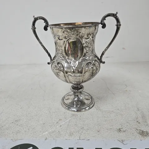 SILVER-PLATED ORNATE TROPHY CUP WITH TWIN HANDLES