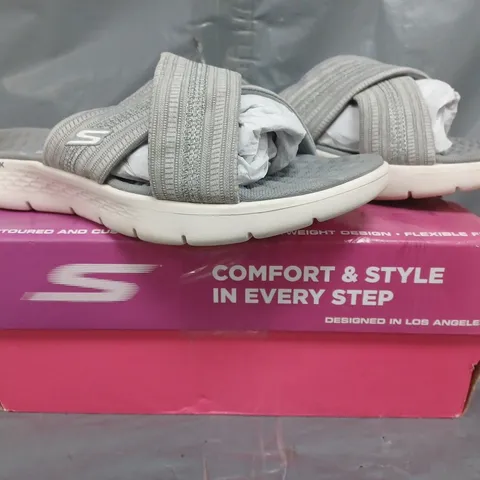 BOXED PAIR OF SKECHERS GO WALK FLEX SANDALS IN GREY SIZE 4